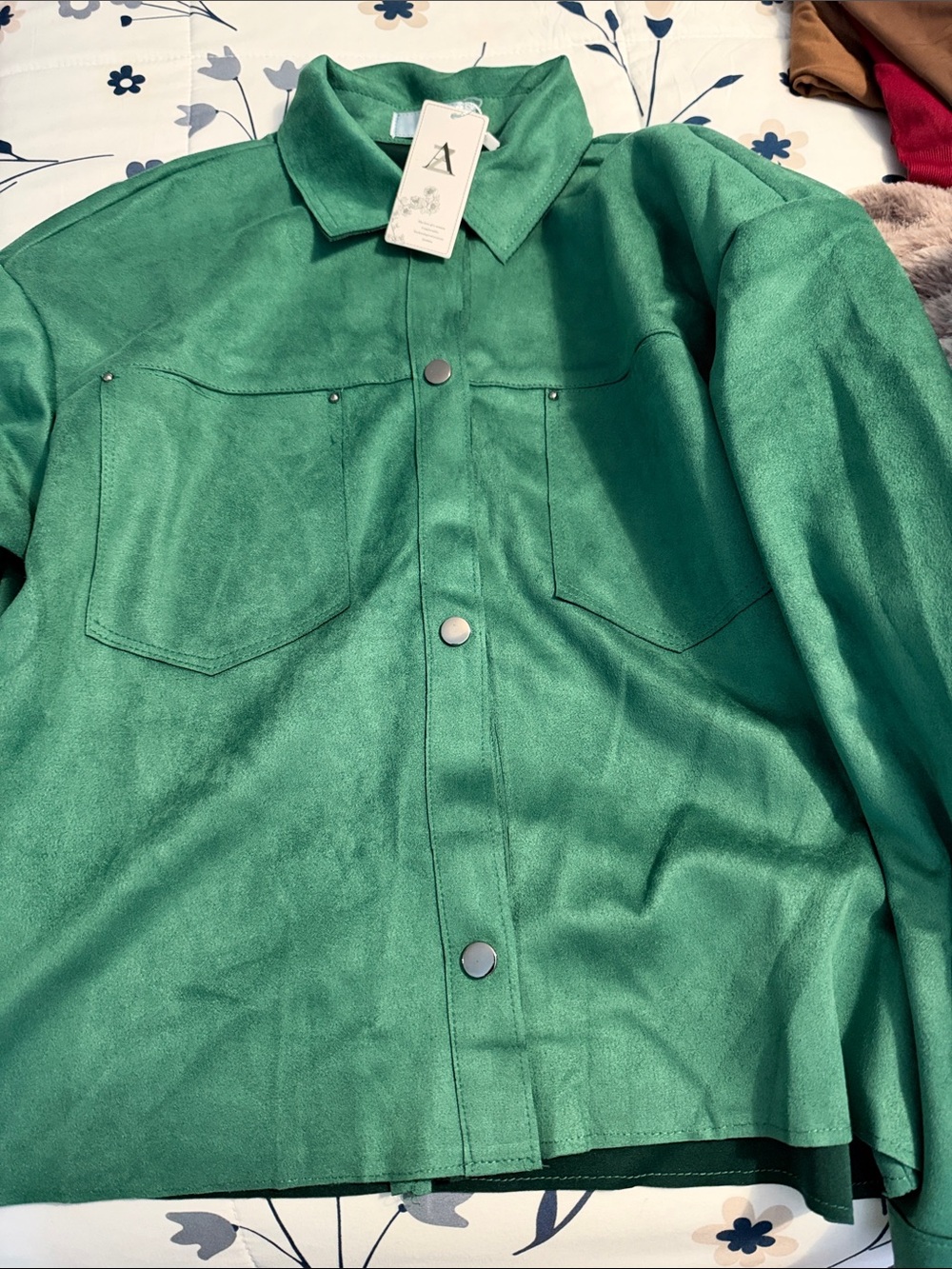 Green Faux Suede Snap-Front Jean Jacket -